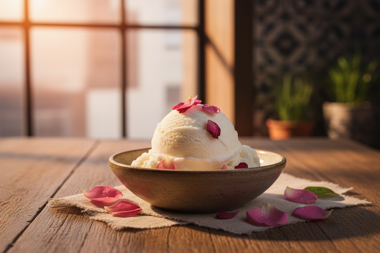 Gül aromalı beyaz kaşık dondurma, gül yaprağıyla süslü